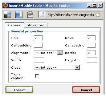 Drupal screenshot showing the popup table menu