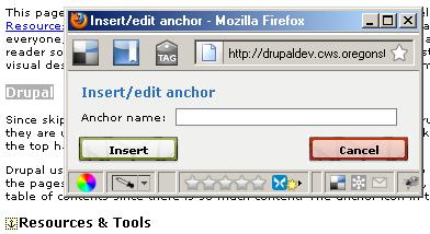 drupal screenshot of anchor creation window and form field