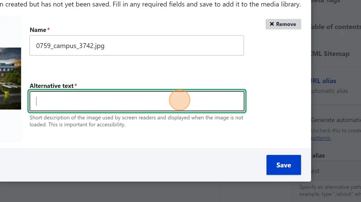 Drupal alt text field screenshot