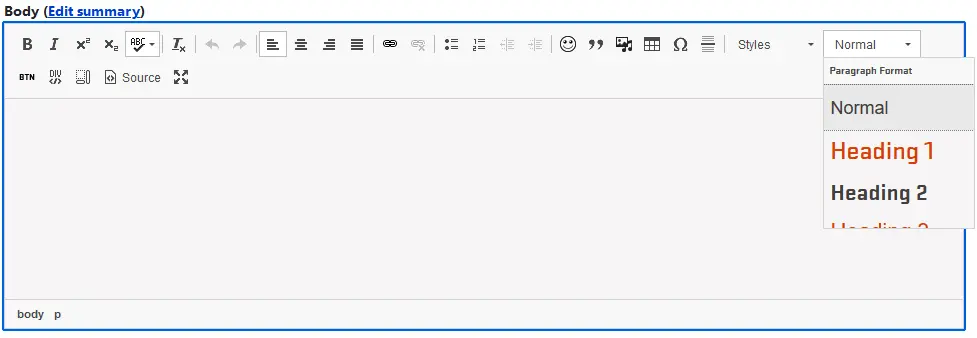Drupal editing bar screenshot showing heading options under "format"