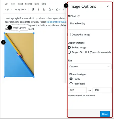 Screenshot of how to add alt text in canvas