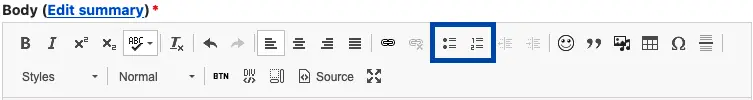 Screenshot showing where to find the ordered and unordered list options in the Drupal style bar