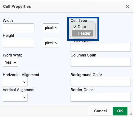 Drupal screenshot showing Cell Properties cell type selector for data or header cell
