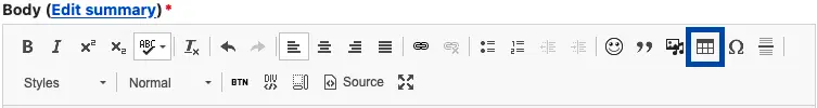 Drupal screenshot showing where to select the table icon