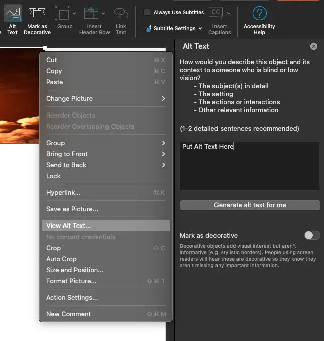 Screenshot of where to find alt text in Power Point