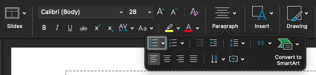 Power Point screenshot showing lists options in the toolbar
