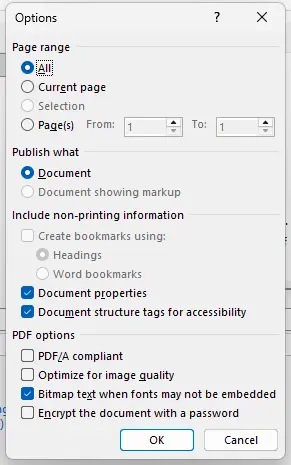 Word screenshot with "Document structure tags for accessibility" checked