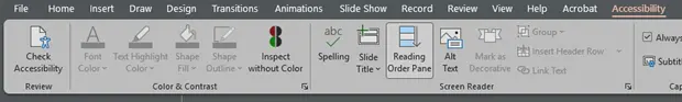 Screenshot of the reading order pane which can be found by selecting the check accessibility icon under the review tab in PowerPoint.